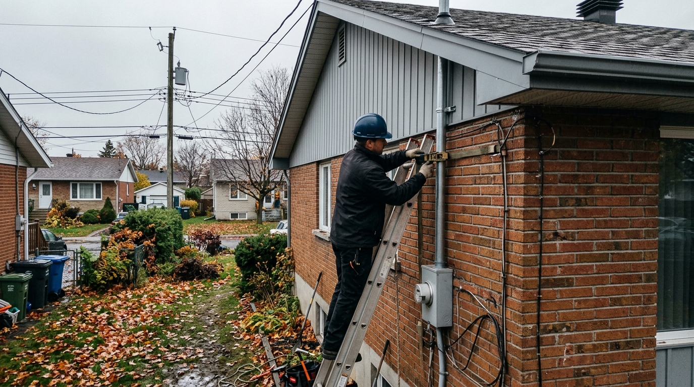 Électricien qui installe un nouveau mât d’entrée électrique 200 A sur un bungalow à Laval